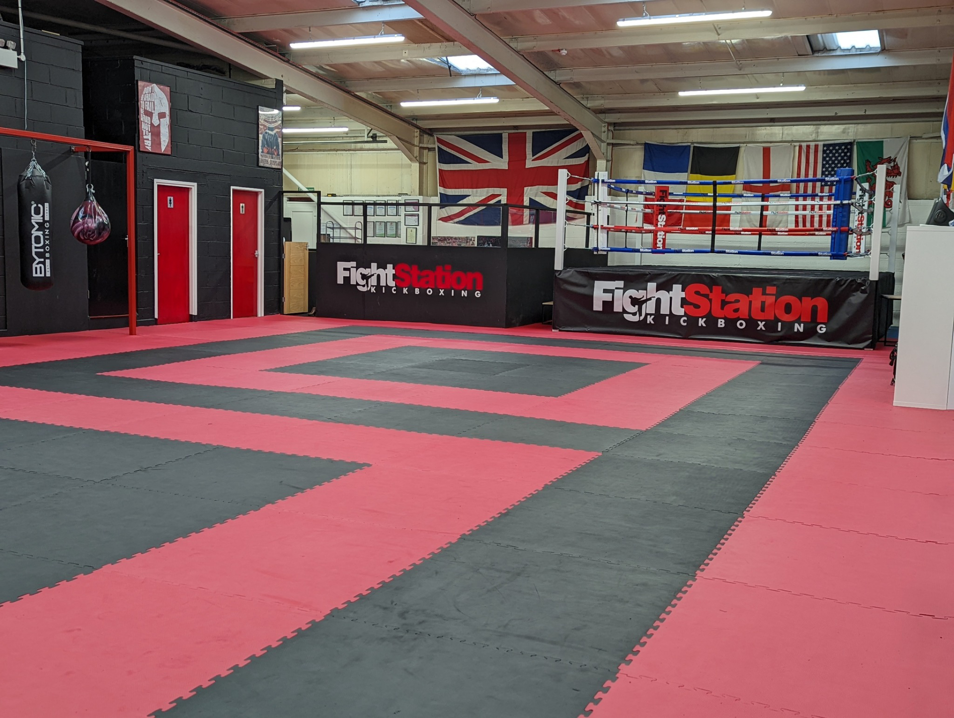 The training floor at Fight Station Kickboxing, set up for a corporate session